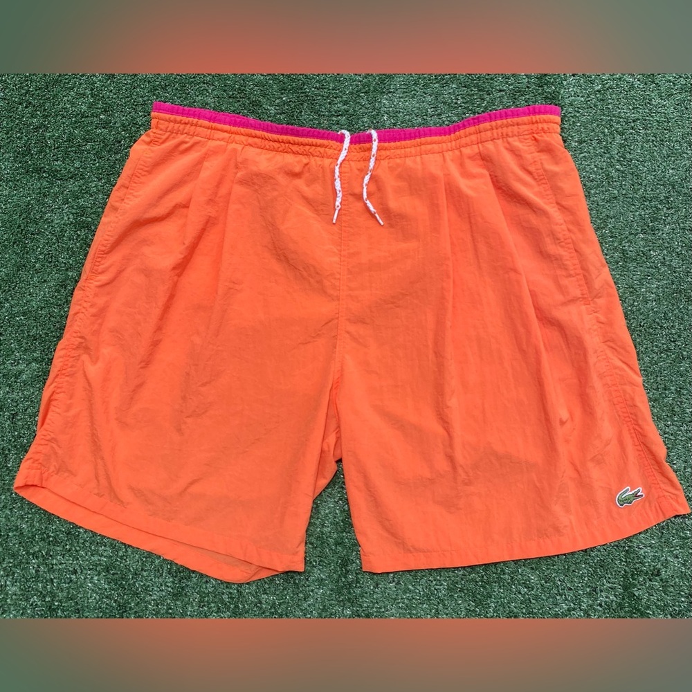 VTG 80’s Lacoste Lined Neon Orange Pleated Swim Shorts Mens Sz XL